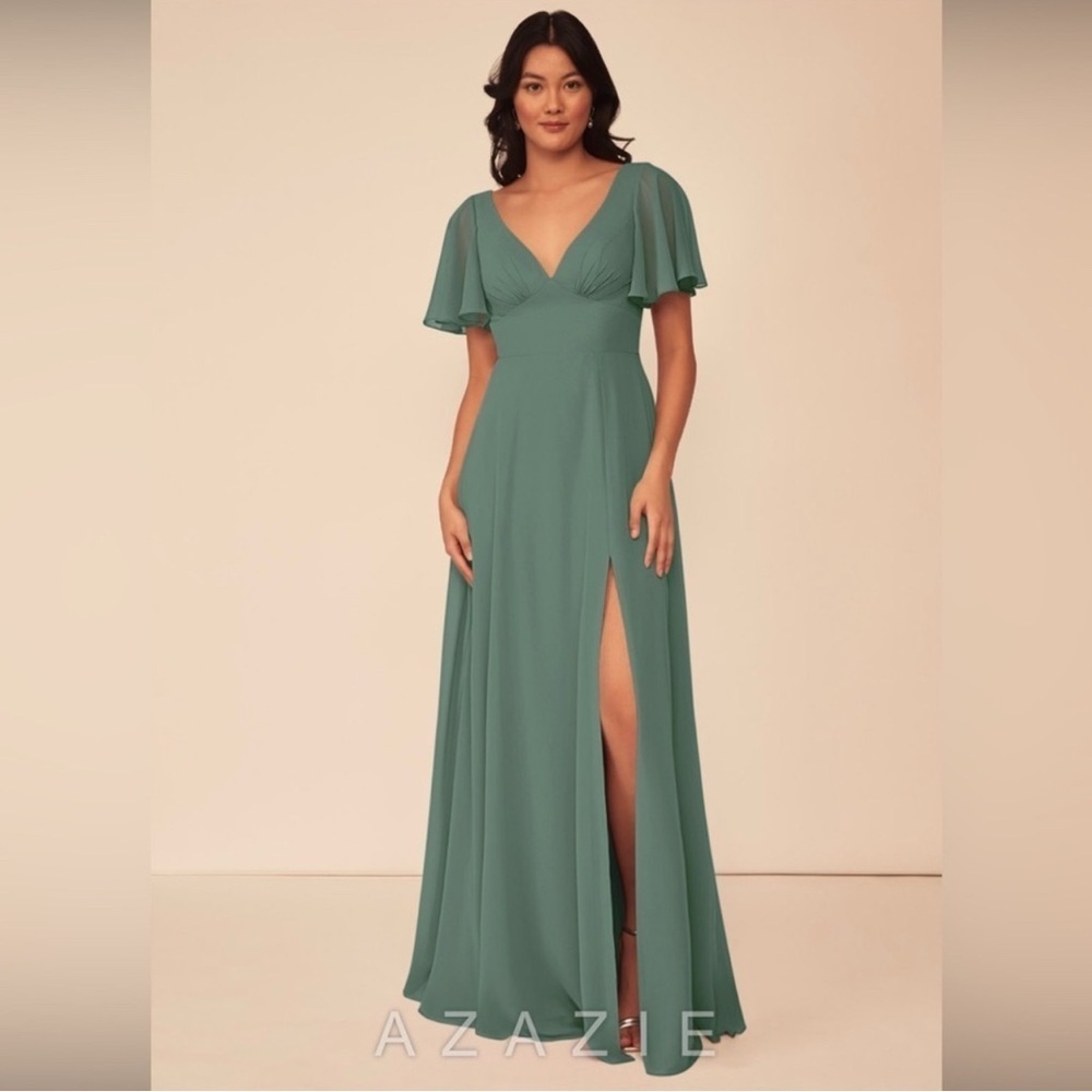 Azazie Sage Green Flutter Sleeve Maxi Gown Size A4